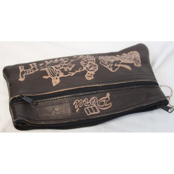 Peruvian Peru Leather Pouch Wallet tooled Native Llama Machu Picchu Zipper - Picture 3 of 5